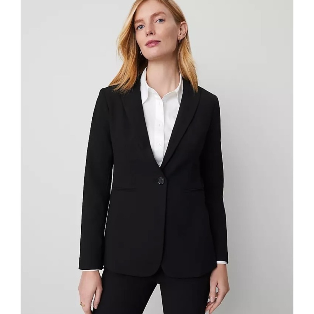 Ann Taylor The Tall Long One Button Blazer Black Bi Stretch Womens 6 Tall‎